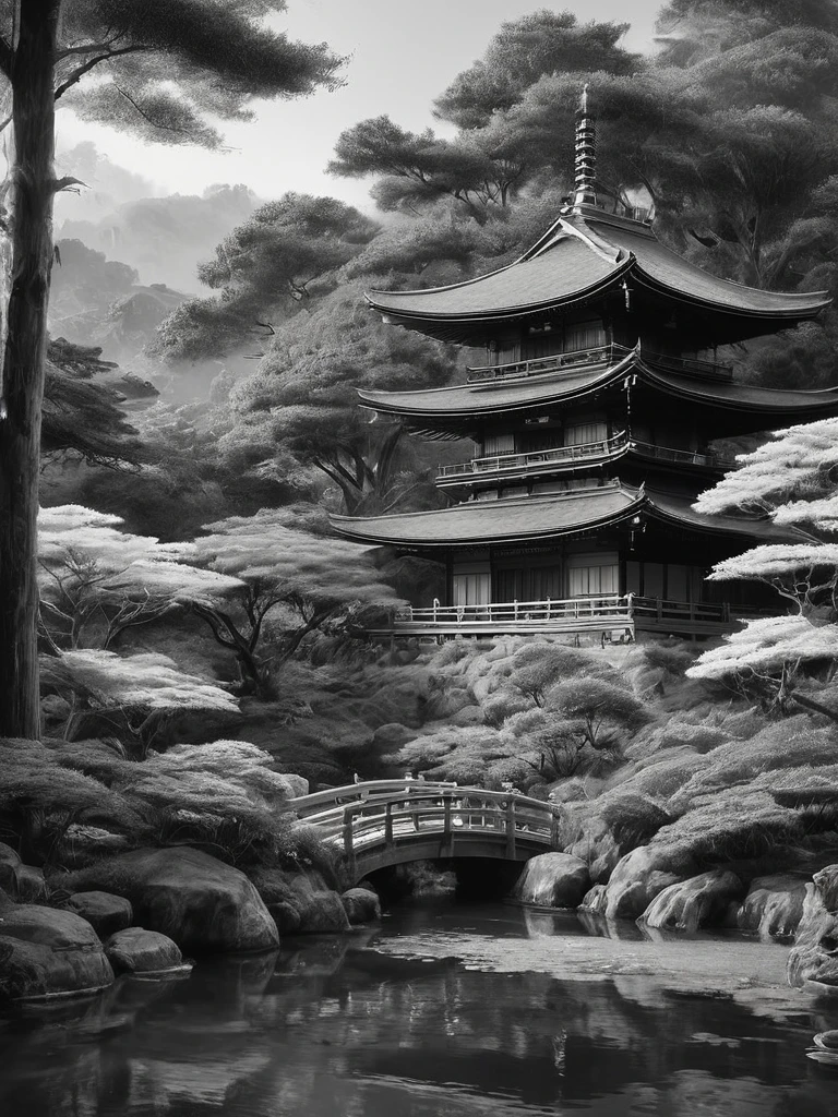 stunning black and white graphite sketch of Japanese temples in a Japanese garden, panoramic shot, in dynamic pose, by Anna Razumovskay, (by Alyssa Monks:1.1), by Joseph Lorusso, by Lilia Alvarado, beautiful lighting, sharp focus, 8k, high res, (pores:0.1), (sweaty:0.8), Masterpiece, Nikon Z9, Award - winning photograph, --ar 16:9 --style raw --stylize 750 --niji 6, perfect composition, beautiful detailed intricate insanely de