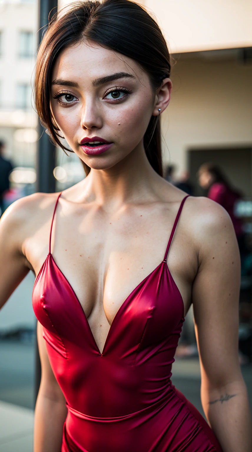 a close up of mirage in a red dress with tattoos on her chest, (tipo de cuerpo pequeño:1.1), (petite body), multiple angles, charli xcx, ava max, bella poarch, she looks like a mix of grimes, charli bowater, sexy look, billie eilish, madison beer as leeloo, portrait of kim petras, 18 years old, the super hot and sexy, looks a blend of grimes