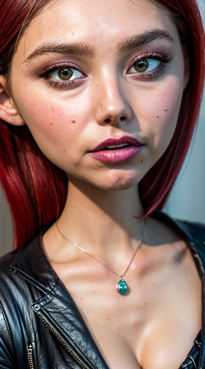 a close up of mirage in a red dress with tattoos on her chest, (tipo de cuerpo pequeño:1.1), (petite body), multiple angles, charli xcx, ava max, bella poarch, she looks like a mix of grimes, charli bowater, sexy look, billie eilish, madison beer as leeloo, portrait of kim petras, 18 years old, the super hot and sexy, looks a blend of grimes