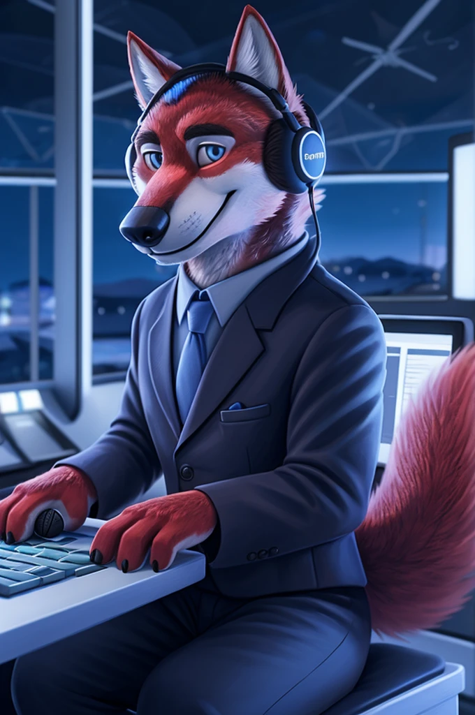Иван Федорович Вольфбах air traffic controller ро russian, (Novosibirsk) ,tall handsome, wolf,young, 24 years, brown fur,Kind,(red body:1.3),beautiful blue eyes,Novosibirsk,dressed,civil aviation pilot uniform,White shirt,commander&#39;s epaulettes, черный tie, trousers,air traffic controller, trousers,canine, wolf, detailed fur, male, second, paw pads, finger claws,At the viewer, 5 fingers, paws, 5 fingers, smile, wrist watch, т nextel,by xenoforge, (difficult, high detail, digital photography, soft focus, RAW,goes for a walk, ,Very close to the camera,airport,Novosibirsk, smile, good mood, positive, Very close to the camera, plaid shirt, At the hairdresser, without hair, captain&#39;s epaulets, 
Photorealism, realistic, photorealistic, digital style, Subsurface scattering,I look at the viewer,стоит White shirt is sitting, at the computer, radars, microphone, trousers, tie,air navigation tower, close to the camera,окно вид на airport и самолеты, is sitting, airplane symbol on jacket, headphones, smile хорошое настроение, 
masterpiece, Best quality, ultra realistic, 8 thousand.)