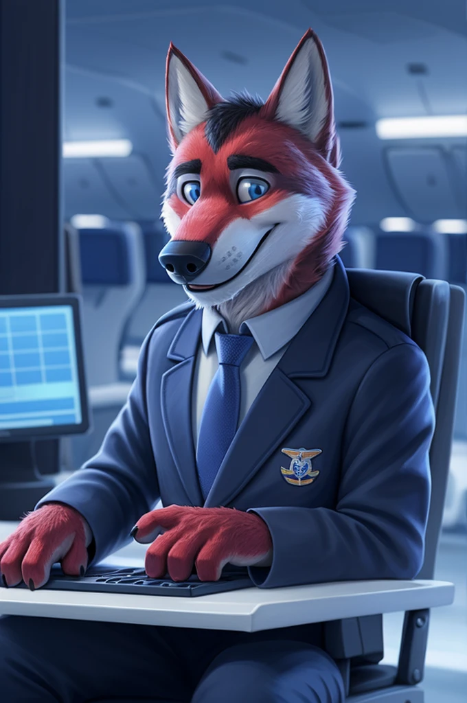 Иван Федорович Вольфбах air traffic controller ро russian, (Novosibirsk) ,tall handsome, wolf,young, 24 years, brown fur,Kind,(red body:1.3),beautiful blue eyes,Novosibirsk,dressed,civil aviation pilot uniform,White shirt,commander&#39;s epaulettes, черный tie, trousers,air traffic controller, trousers,canine, wolf, detailed fur, male, second, paw pads, finger claws,At the viewer, 5 fingers, paws, 5 fingers, smile, wrist watch, т nextel,by xenoforge, (difficult, high detail, digital photography, soft focus, RAW,goes for a walk, ,Very close to the camera,airport,Novosibirsk, smile, good mood, positive, Very close to the camera, plaid shirt, At the hairdresser, without hair, captain&#39;s epaulets, 
Photorealism, realistic, photorealistic, digital style, Subsurface scattering,I look at the viewer,стоит White shirt is sitting, at the computer, radars, microphone, trousers, tie,air navigation tower, close to the camera,окно вид на airport и самолеты, is sitting, airplane symbol on jacket, headphones, smile хорошое настроение, 
masterpiece, Best quality, ultra realistic, 8 thousand.)