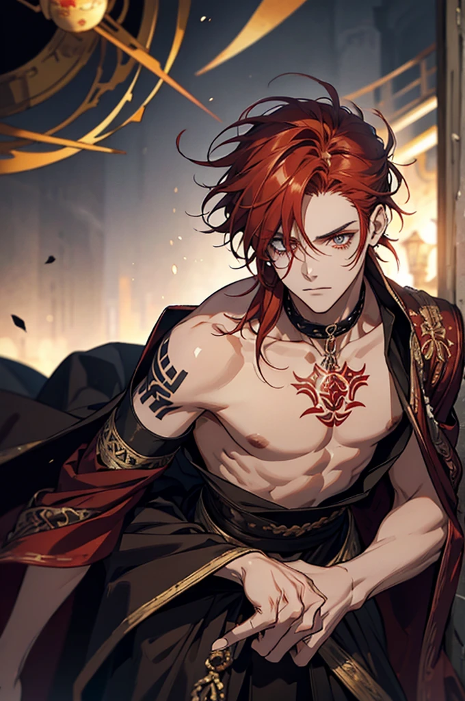 boy, red hair half tied at shoulder length and a little messy, amber eyes, skin fair, greek clothing, smoke tattoo on neck and arm, uncanny, darkness background, shunlight.
