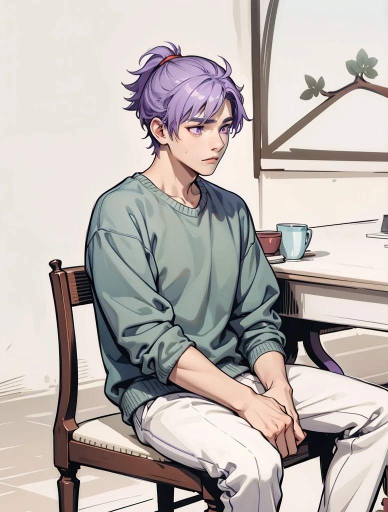 18 year old man purple hair purple eyes is speaking with some sadness