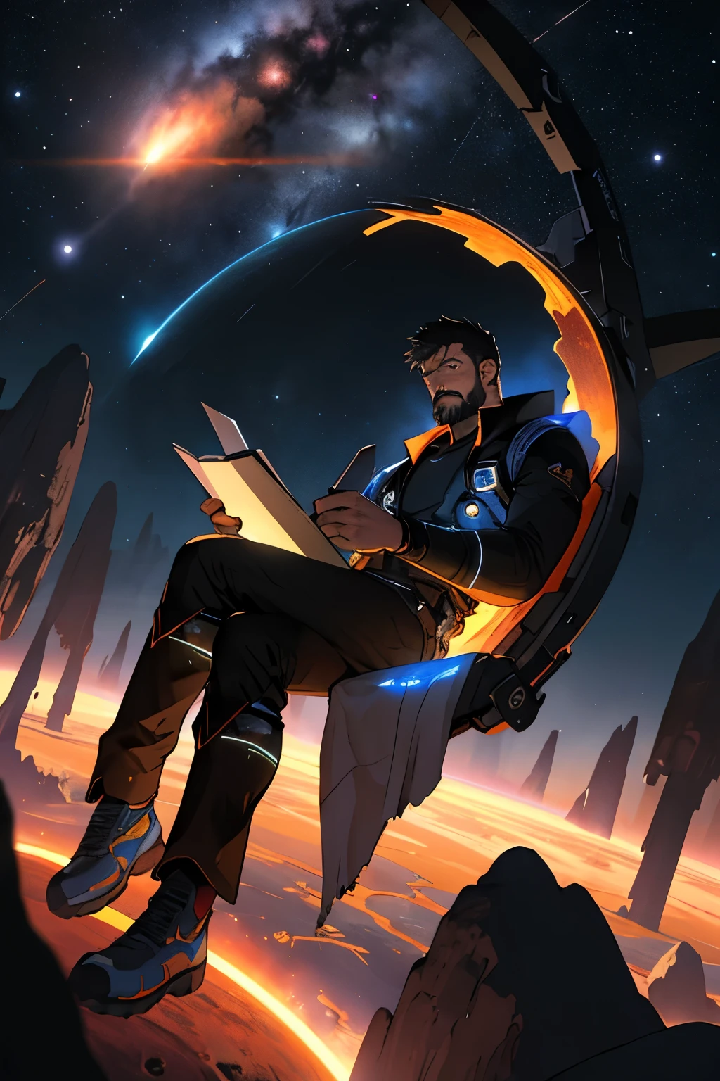 Draw a young programmer, sitting on a research platform floating in the middle of an asteroid belt. He is studying with a notebook, surrounded by several asteroids glowing with fiery auras. Dramatic lighting from distant stars and planets illuminates the scene, casting deep shadows on the suit. The young man looks confident and determined, looking at the vast and mysterious universe with wonder and respect,facial hair, cowboy shot,