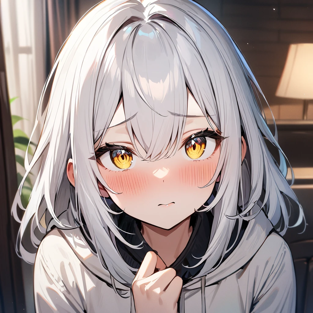 1girl,White hair,shiny hair,shy,yellow eyes,blush ,Detailed eyes,masterpiece,best quality,very aesthetic,absurdres,looking at viewer