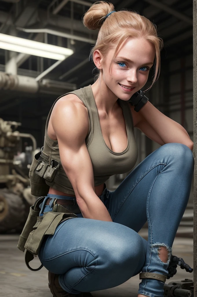 perfect anatomy, female engineer mechanic girl crouching down wearing a dirty tank top and a pilot's jacket on top. She is working on a futuristic robot solo focus, blue eyes, strawberry blonde hair, ponytail, denim jeans, repairing machines, smiling, caring, looking upward, high angle, futuristic, military vibes, diesel punk, indoors, welding, looking at viewer, muscle, toned woman, tomboy, in a futuristic military complex, police department white walls, ((BEST QUALITY))