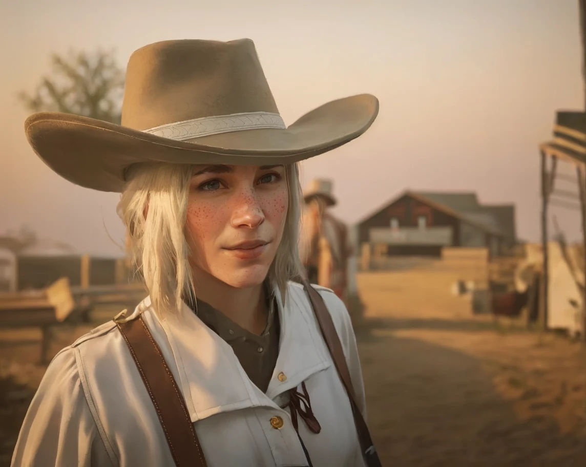 R3DD34Dstyle, digital portrait, 1girl, red dead redemption2, patronaje, [ red dead ], rdr2, red background 