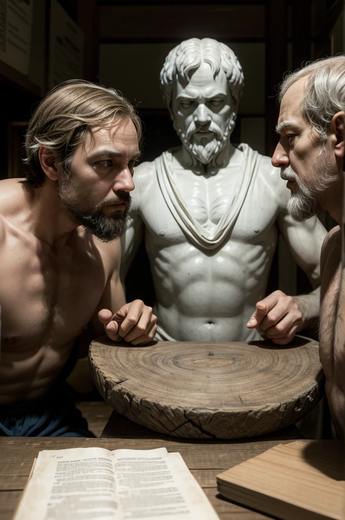 create image of aristotle, plato and socrates together telling secrets about theories at a table 