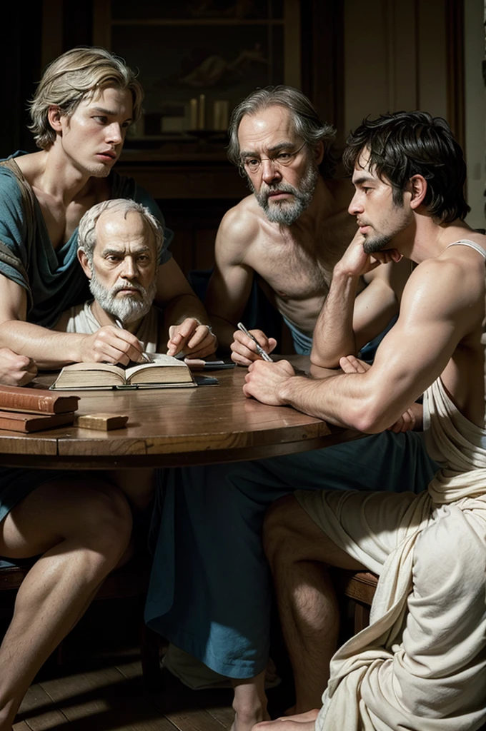 create image of aristotle, plato and socrates together telling secrets about theories at a table 