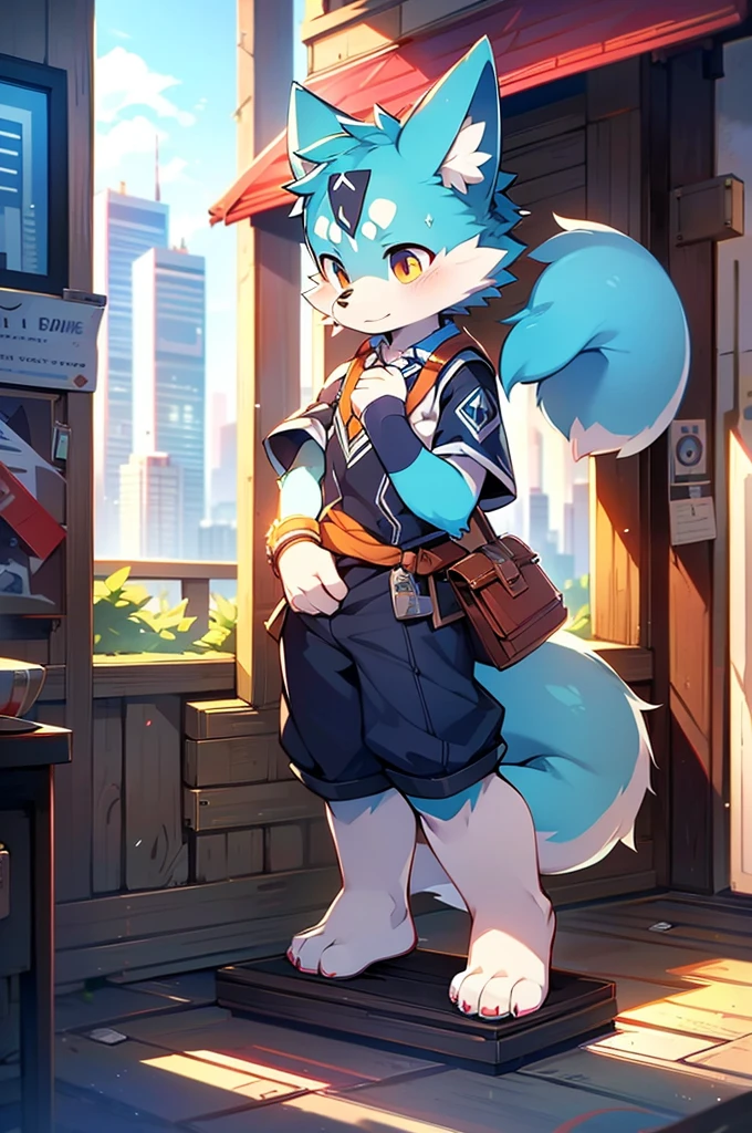 Blue fur, Canine, fox motif, boy, uniform,expensive,One person,Stand up on your own feet,背がexpensive,Cityscape,
