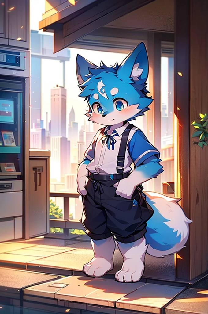 Blue fur, Canine, fox motif, boy, uniform,expensive，One person，Stand up on your own feet，背がexpensive，Cityscape，