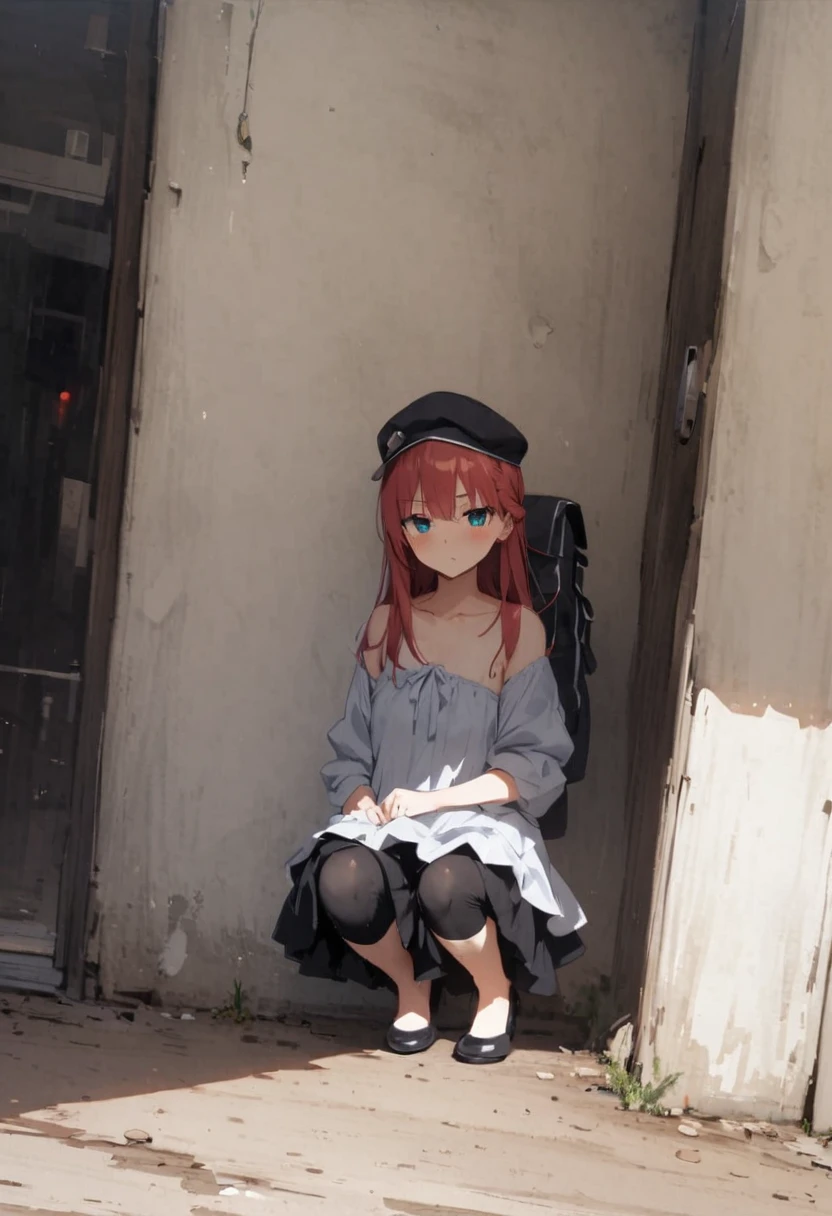spread legs with squatting pose、M-shaped legs、Spread your legs、Sit on the ground、I'm looking away、In town、bustling street、cap、Panties with horizontal stripes、Shoulder bag、mini skirt、Private Server、Girl、Girl、Younger、Baby Face、flat chest、Dynamic Angle、Glaring、Both eyes open、Voyeur style、ground