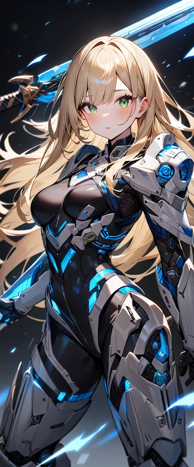 1girl,original, solo,black bodysuit,white armor,mechanical sword,blue glowing body,blonde long hair,green eyes,intricate details,perfect anatomy,best quality, 