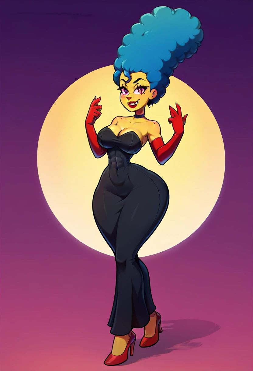 (marsim, yellow skin), solo, older female, ifbb, blue hair, beehive hair, afro, vampire fangs, catwoman, cat ears, blue forked cat tail, bat wings, tall, thin body, skinny, slim, small midsection, slendered abs, narrow waist, hyper hips, big thighs, large breasts, thick red lips, satin long black dress, red heels, elbow gloves, detailed face