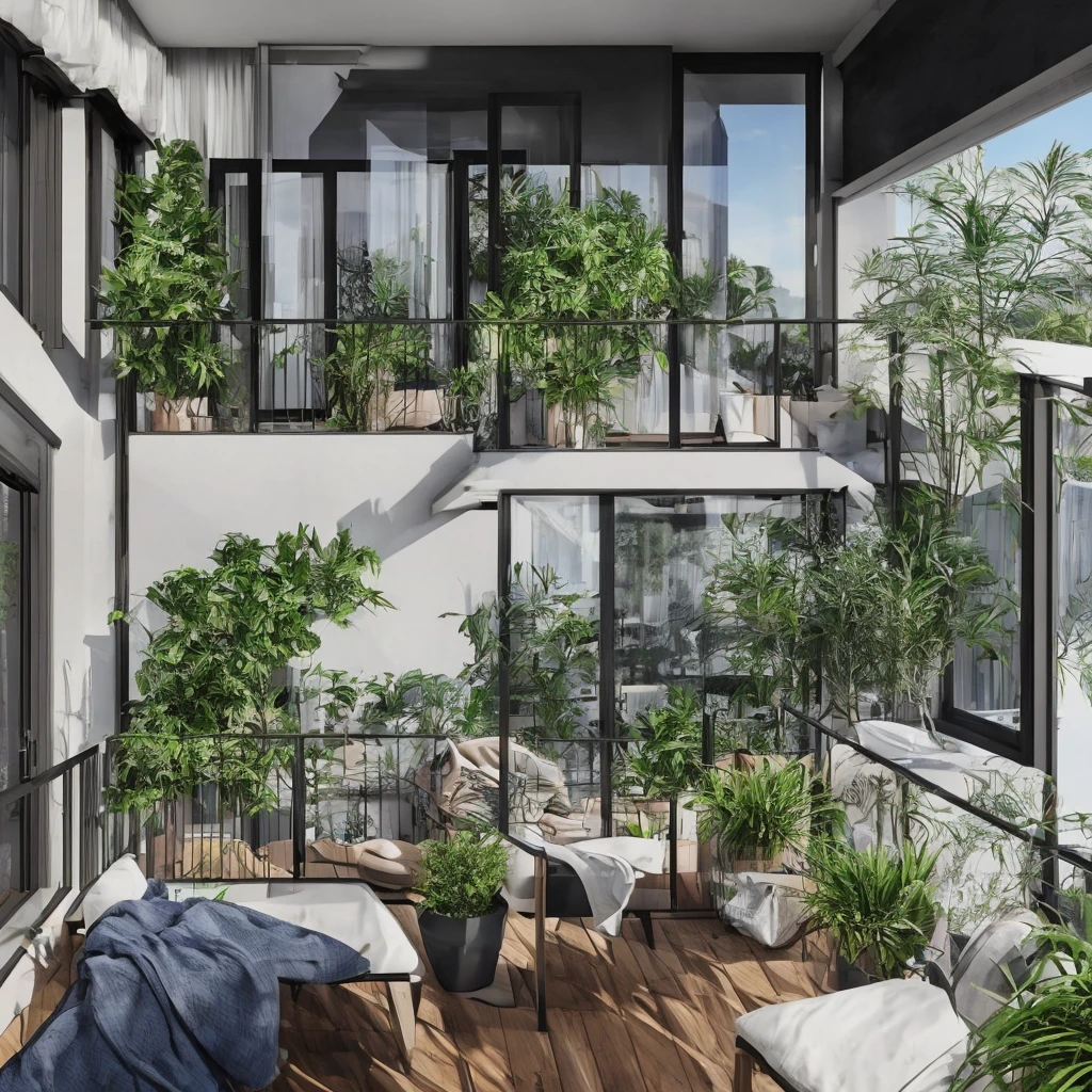 there is a balcony with a chair and a blanket on it, Apartment with black walls, balcony, balcony scene, black vertical wooden slats, with natural light background, Floor to ceiling windows, balcony door, Modern details, luxury condominium interior, incredibly detailed, cozy armchairs, Great view, concrete balcony, plants on balconies, Well equipped space