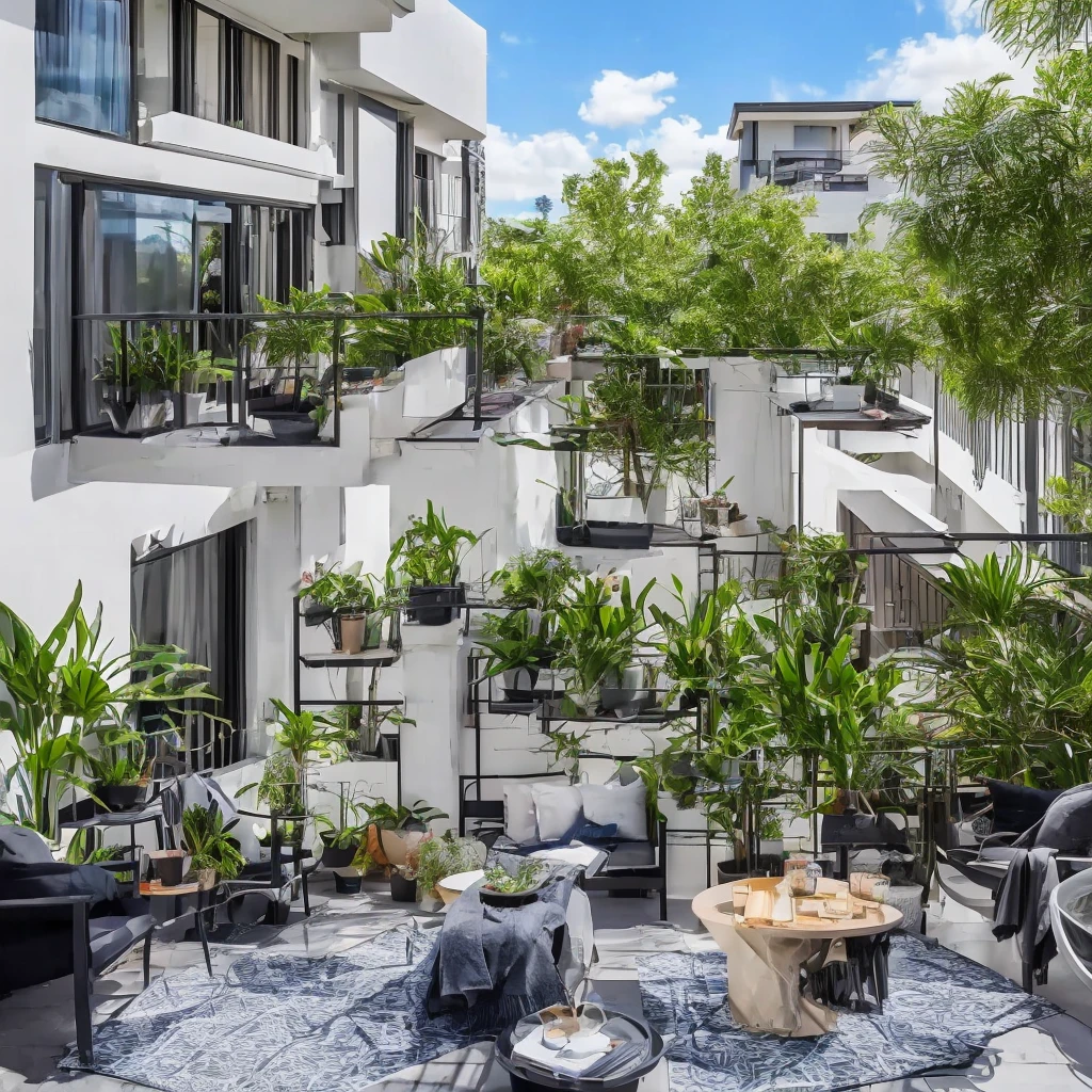 there is a balcony with a chair and a blanket on it, Apartment with black walls, balcony, balcony scene, black vertical wooden slats, with natural light background, Floor to ceiling windows, balcony door, Modern details, luxury condominium interior, incredibly detailed, cozy armchairs, Great view, concrete balcony, plants on balconies, Well equipped space