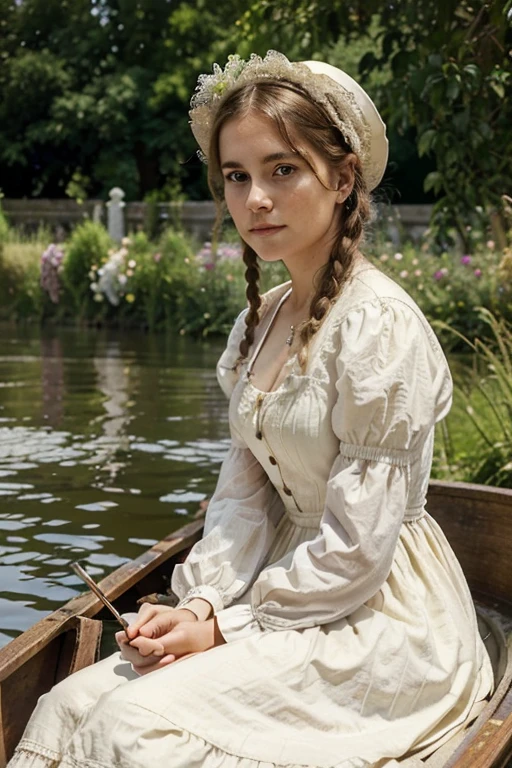 Painting of a woman in a Victorian dress sitting in a boat, At the waterfront, in the garden, Lovely lady, Charles Sillem Lidderdale, on a riverbank, in the garden, On the terrace, Beautiful beige Victorian fashion dress, Danish painter Marie Triebke, Paintings by Berta Wegmann, Innocent face, age Girl, young woman, Pretty face