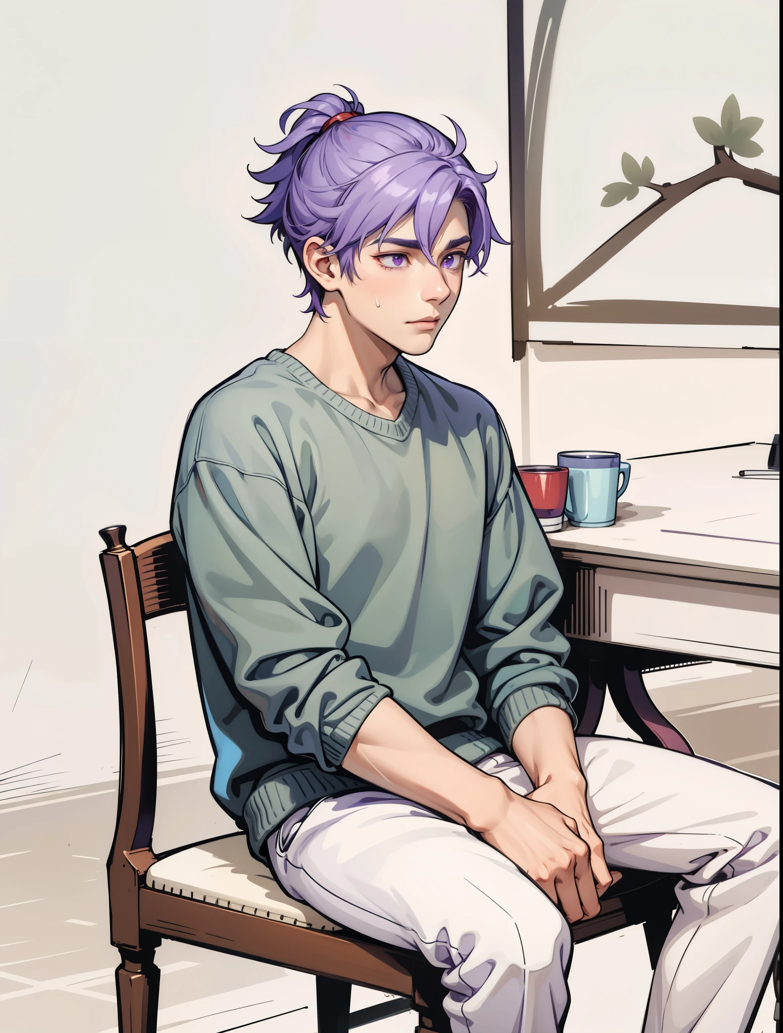 18 year old man purple hair purple eyes is speaking with some sadness