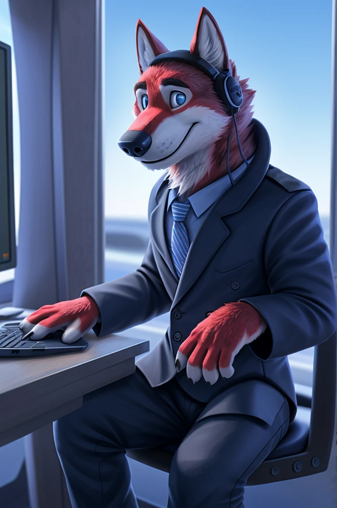Иван Федорович Вольфбах air traffic controller ро russian, (Novosibirsk) ,tall handsome, wolf,young, 24 years, brown fur,Kind,(red body:1.3),beautiful blue eyes,Novosibirsk,dressed,civil aviation pilot uniform,White shirt,commander&#39;s epaulettes, черный tie, trousers,air traffic controller, trousers,canine, wolf, detailed fur, male, second, paw pads, finger claws,At the viewer, 5 fingers, paws, 5 fingers, smile, wrist watch, т nextel,by xenoforge, (difficult, high detail, digital photography, soft focus, RAW,goes for a walk, ,Very close to the camera,airport,Novosibirsk, smile, good mood, positive, Very close to the camera, plaid shirt, At the hairdresser, without hair, captain&#39;s epaulets, 
Photorealism, realistic, photorealistic, digital style, Subsurface scattering,I look at the viewer,стоит White shirt is sitting, at the computer, radars, microphone, trousers, tie,air navigation tower, close to the camera,окно вид на airport и самолеты, is sitting, airplane symbol on jacket, headphones, smile хорошое настроение, 
masterpiece, Best quality, ultra realistic, 8 thousand.)