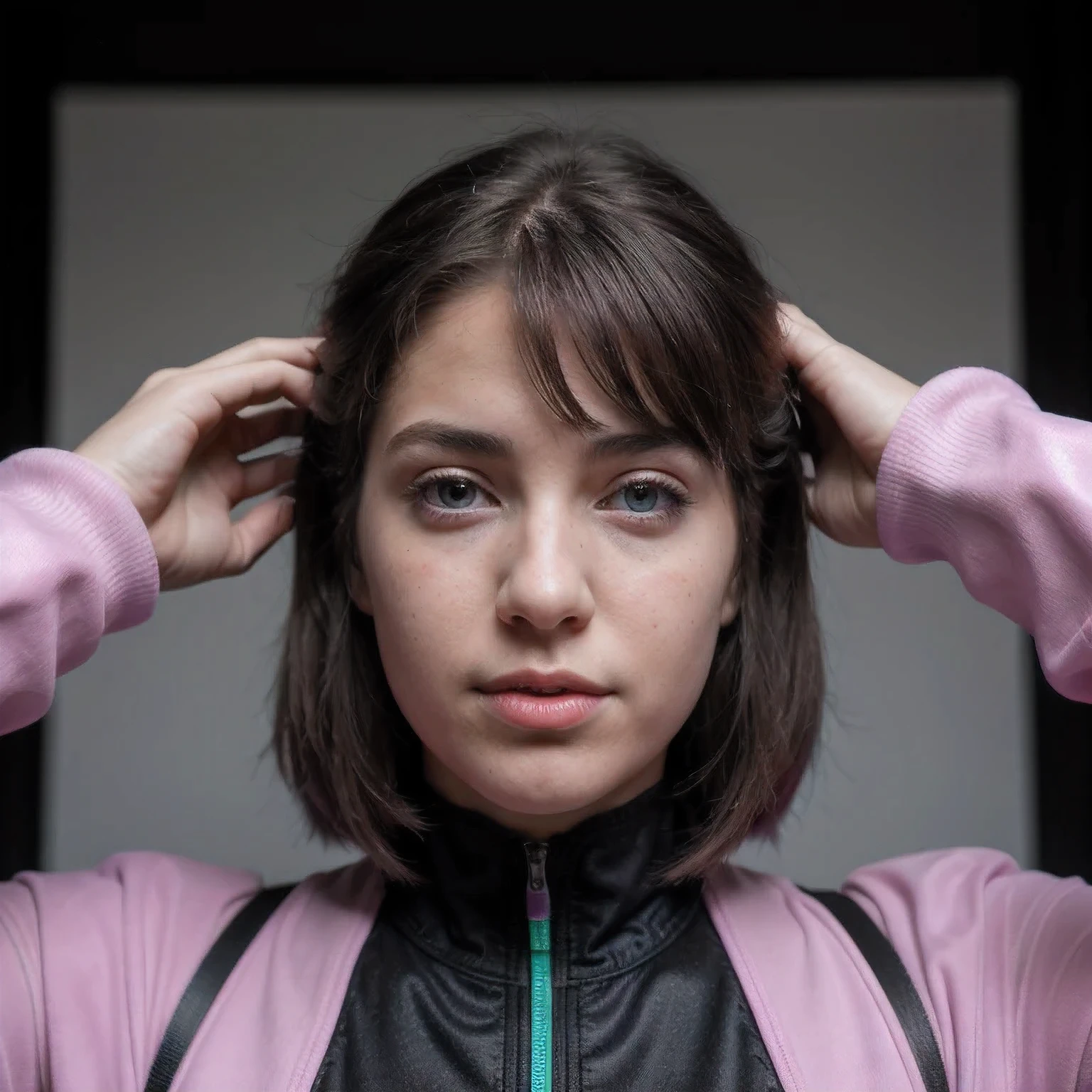 Photo of a college student, Purple Pink, Futuristic space suit, (freckle:0.8) Cute face, Science Fiction, Dystopia, Delicate eyes, Green pupils((side view))