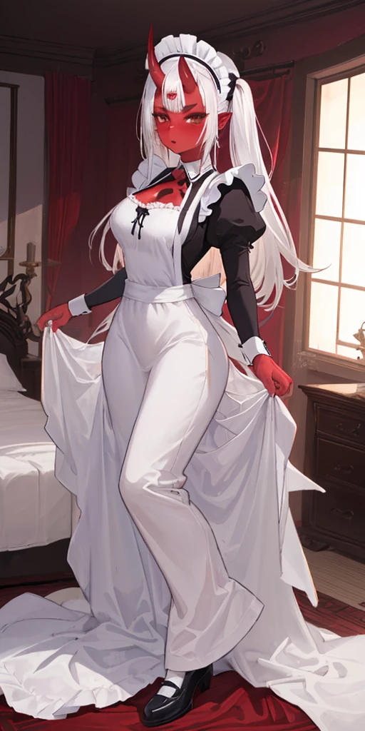 1 girl, (((oni girl))), (((red skin))), horns, white hair, ((maid)), (solo female), white maid apron, maid headdress, maid skirt, (((victorian maid dress))), puffy sleeves, fascinated expression, full body portrait, inside mansion, bedroom background