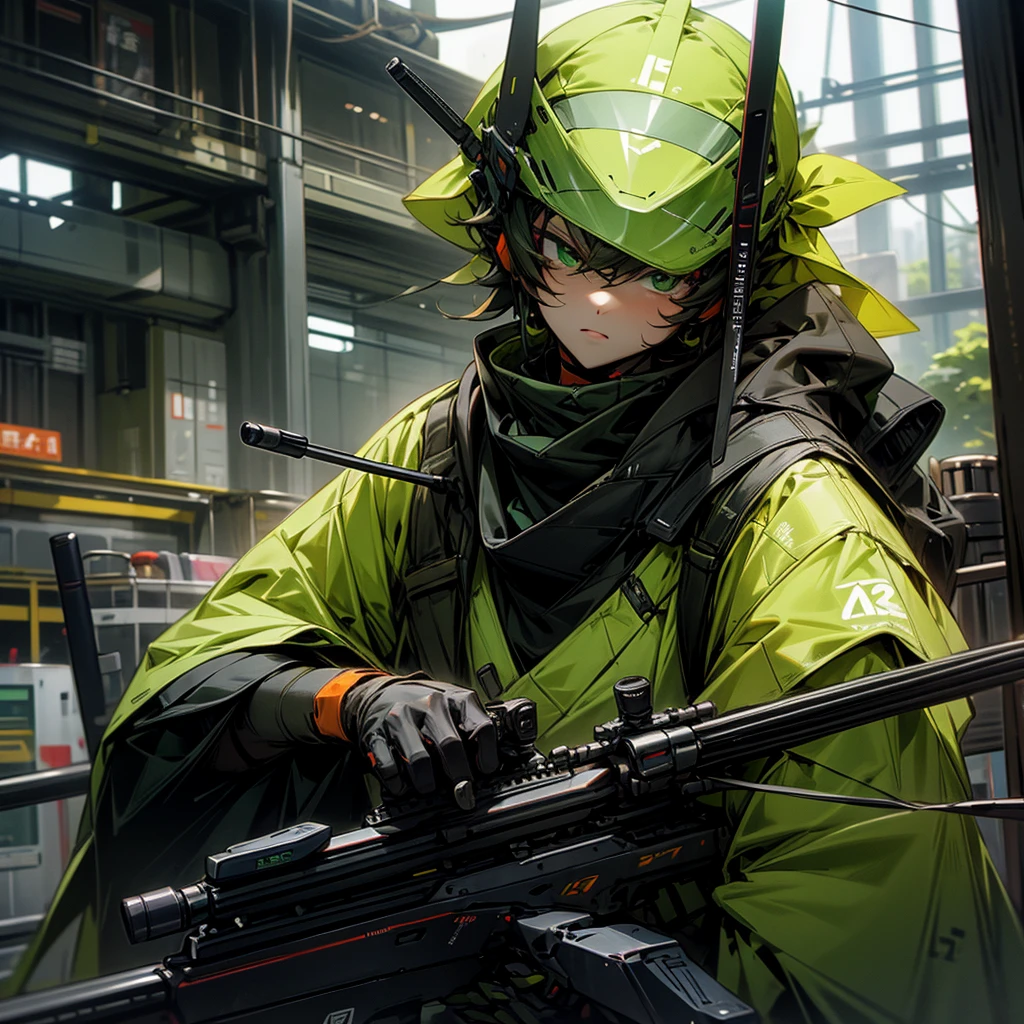 Green body、The visor is orange、sniper rifle