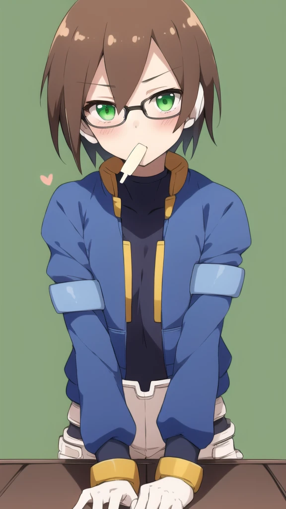 Aile_Megamanzx, 1 Girl, looking at viewer, Brown hair, Green eyes, Simple background , Blushed , Leaning on a table , Glasses , With a lollipop in your mouth 