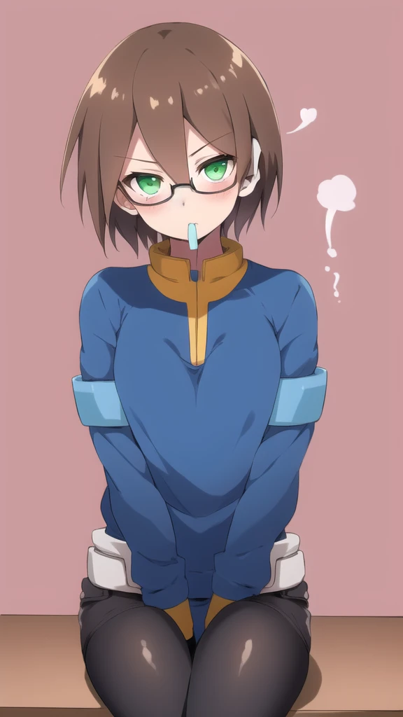 Aile_Megamanzx, 1 Girl, looking at viewer, Brown hair, Green eyes, Simple background , Blushed , Leaning on a table , Glasses , With a lollipop in your mouth 