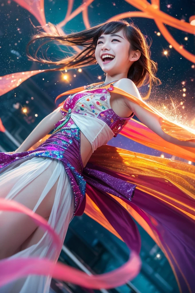laughing out loud、Baby-faced girl、Full body girl, alone, , masterpiece,Highest quality, (Dynamic Angle:1.4), Glowing Skin, (Floating colorful sparkles:1) The most beautiful form of chaos, elegant, Brutalist design, Vibrant colors, Romanticism Depth of Field Exotic_dance, vampire、bat、fly in the sky