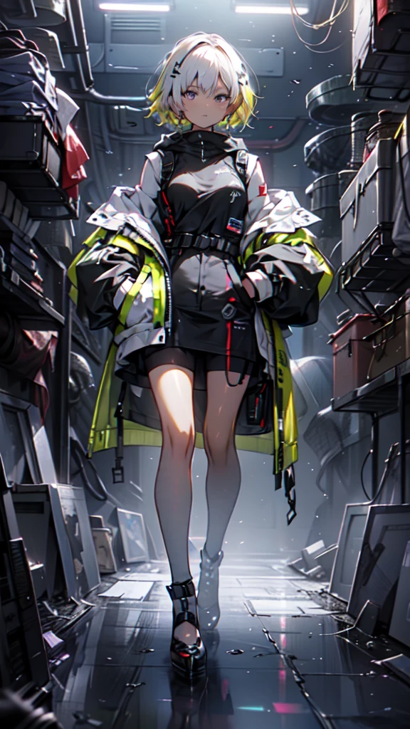 1 girl, short yellow hair, cyberpunk, Alice in Wonderland, black high heels, hand in pocket, best quality, 4k, 8k, highres, masterpiece:1.2, ultra-detailed, realistic, photorealistic, photo-realistic:1.37, HDR, UHD, studio lighting, ultra-fine painting, sharp focus, physically-based rendering, extreme detail description, professional, vivid colors, bokeh, concept art