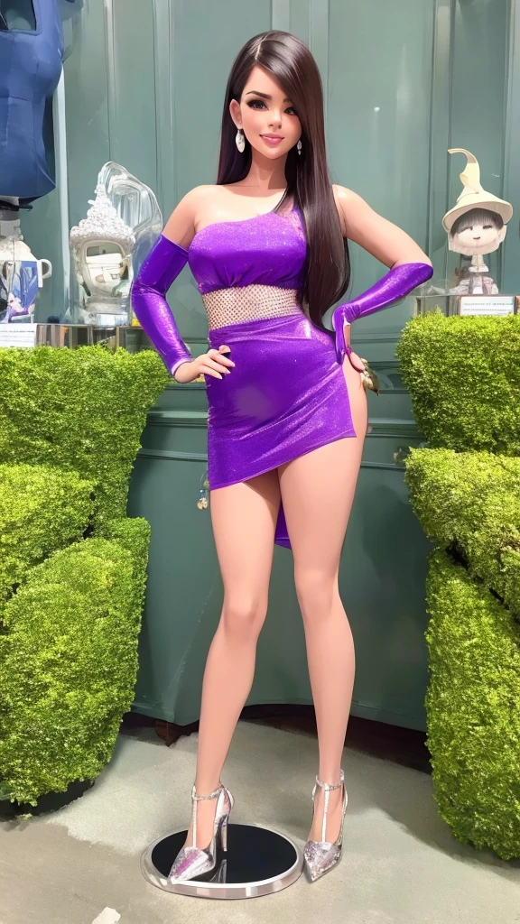 A Female young soccer player gorgeous Latina 19 years old girl called "sophia" turned into resin, shiny mannequin, shiny skin, resin body, doll, frozen in place, Long brown straight hair flower decor, short height, prettiest facial features, hand on her hips, expressive pose, face features, pretty smile, purple bodycon dress, standing barefoot on a plaque round pedestal, on display, that says "Sophia violet", fancy livingroom, photorealism.