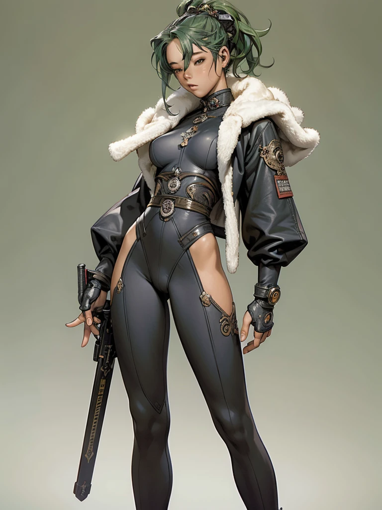 (((Light green skin))), (((back view))), (((phoenix tattoo on back))), (((light green suit))), (((perfect ass))), (((best qualityer: 1.4))), (((Afro))), (((DuneWalker))), (((post-apocalypse))), (Unbeatable masterpiece), (hiper HD),(CG 8k hyper-realistic), (((breasts big))), (((hyper feminine))), sensuous girl, (green bob hair with straight bangs), ((( sculptural body ))), (((1 girl))), 20 year anime girl with perfect body, Beautiful and well-groomed face, slanted eyes, muscular body:1.2, costume with textured details in pixel art, (Head to thigh photos),modern samurai pants, Complex equipment,Tight, dark clothes,With white stars and white stripes, Metal parts in armor, afro girl, (((standing alone))), pirralha violent, ((())), sensuous, pose de atitude, work of art, post-apocalypse, (((manga style))), Bounty Hunter, violent, Manic, the way you want, slenderbody, thin but strong, perfectbody, roupa moderna, Advanced technology, short shorts with checkered pattern in light green and black, fur collar jacket, sleeves with vertical striped pattern, neutral background