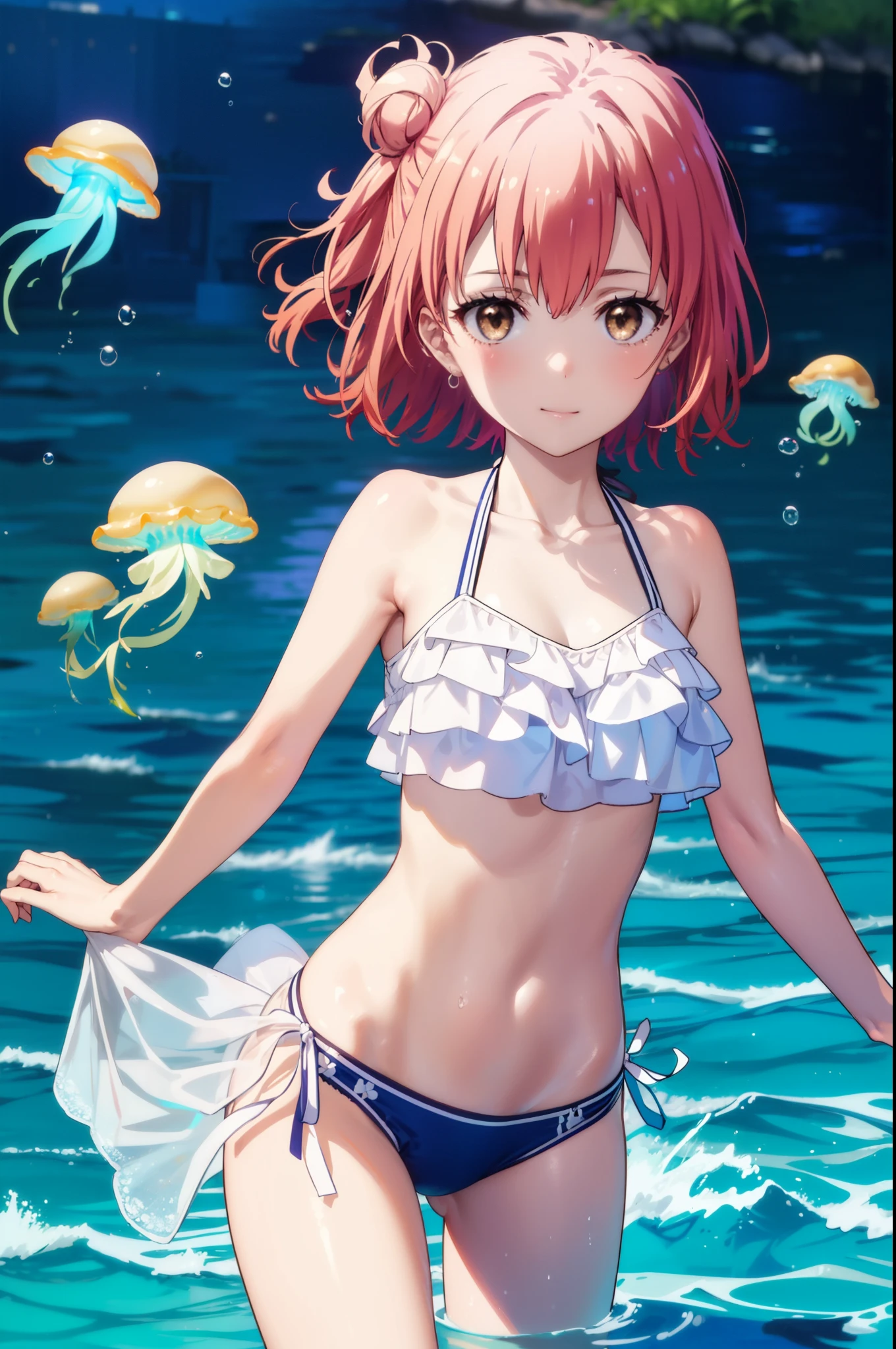 yuiyuigahama, yui yuigahama, short hair, (Brown eyes:1.5), (Pink Hair:1.2), Hair Bun, single Hair Bun, smile,Bikini Swimwear,barefoot,
Floating Hair, In the water, bubble, fish, (jellyfish), fluorescence,Sea Turtle, Seaweed,
break outdoors, In the water,
break looking at viewer, (Cowboy Shot:1.5),
break (masterpiece:1.2), Highest quality, High resolution, unity 8k wallpaper, (figure:0.8), (Beautiful attention to detail:1.6), Highly detailed face, Perfect lighting, Highly detailed CG, (Perfect hands, Perfect Anatomy),