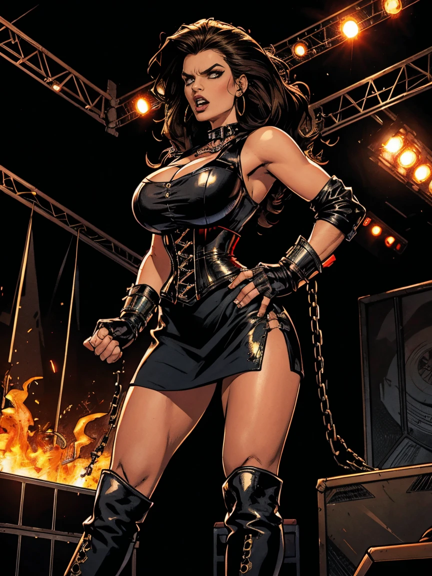 Extremely busty thin and toned brunette death metal singer, college girl, fair skin, big hair, hair pulled back, soft face, athletic, heavy makeup, piercings, black leather, studs, corset, boots, fingerless gloves, tight skirt, chains. standing on a stage, pyrotechnics, holding a microphone, metal concert. (microphone, fist in the sky), angry, rage, screaming. Heavy metal. Death metal. Explosions, fire.