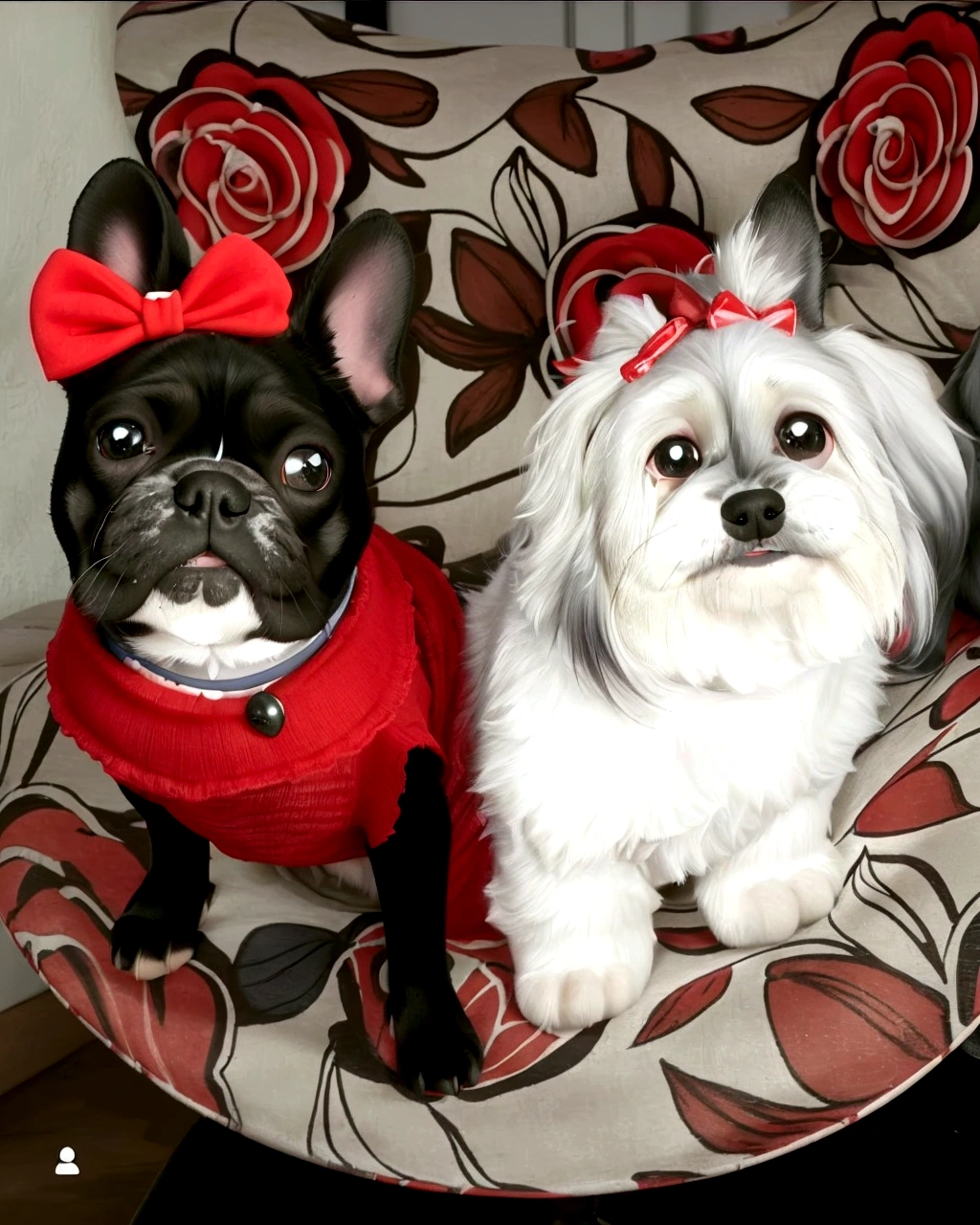 a black French bulldog dressed in red with a red bow on its head and another white and gray dog with two bows on its head, in maximum quality