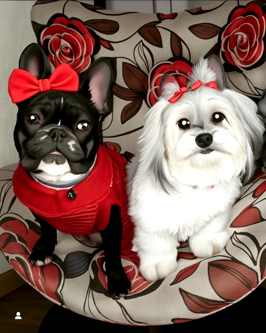 a black French bulldog dressed in red with a red bow on its head and another white and gray dog with two bows on its head, in maximum quality