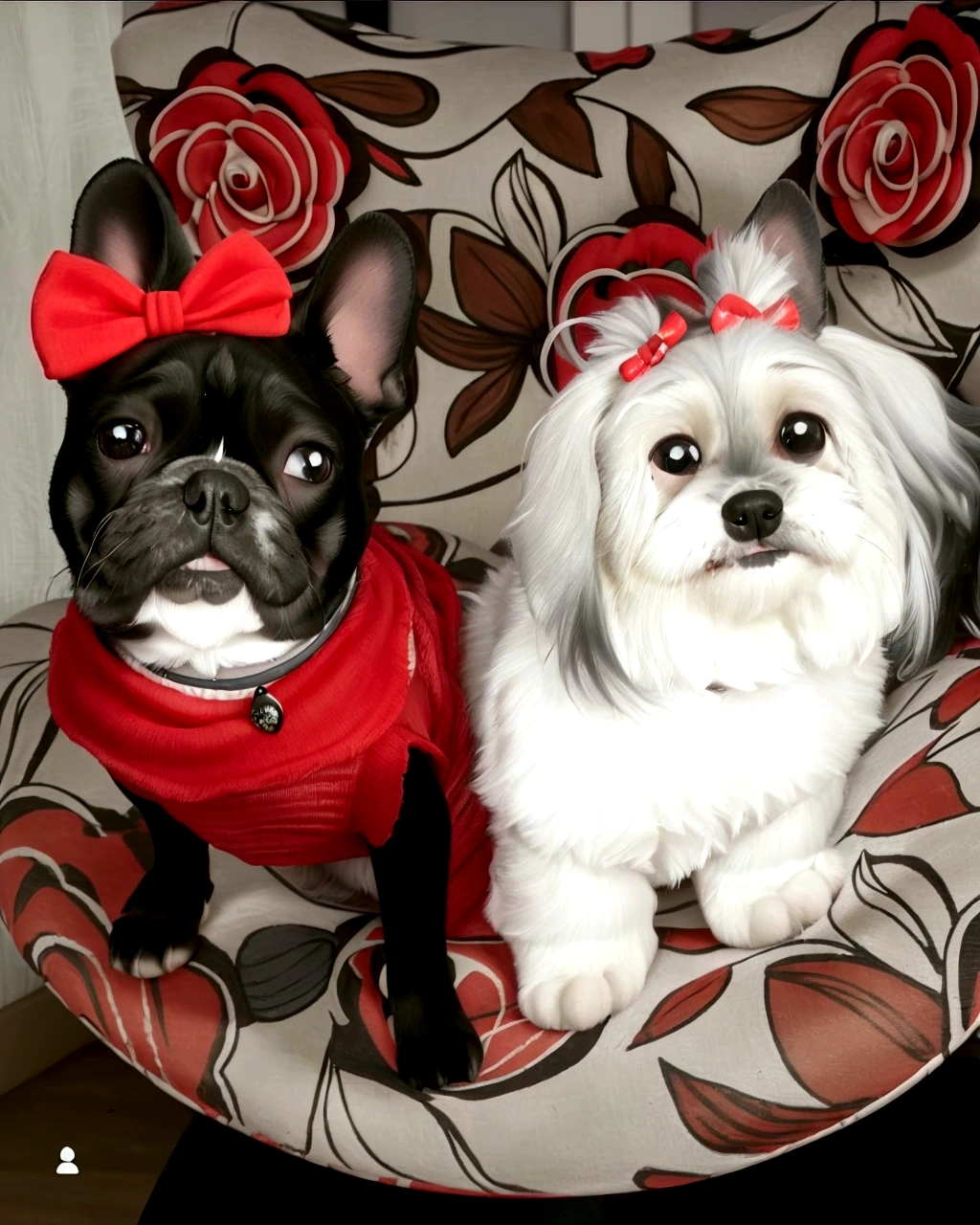 a black French bulldog dressed in red with a red bow on its head and another white and gray dog with two bows on its head, in maximum quality