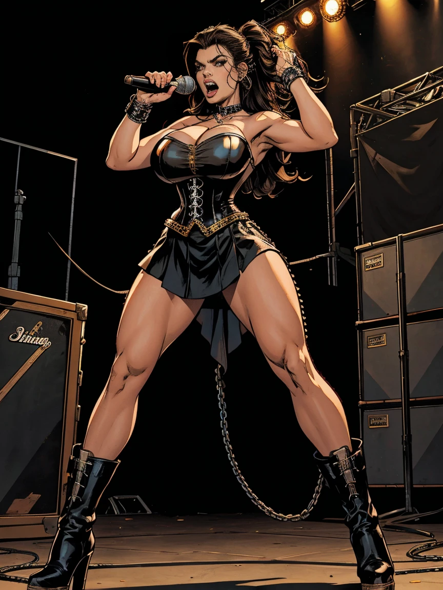 Extremely busty thin and toned brunette death metal singer, college girl, fair skin, big hair, hair pulled back, soft face, athletic, heavy makeup, piercings, black leather, studs, strapless sleeveless corset, boots, fingerless gloves, tight skirt, chains. standing on a stage, pyrotechnics, holding a microphone, metal concert. (microphone, fist in the sky), angry, rage, screaming. Heavy metal. Death metal. Explosions, fire.