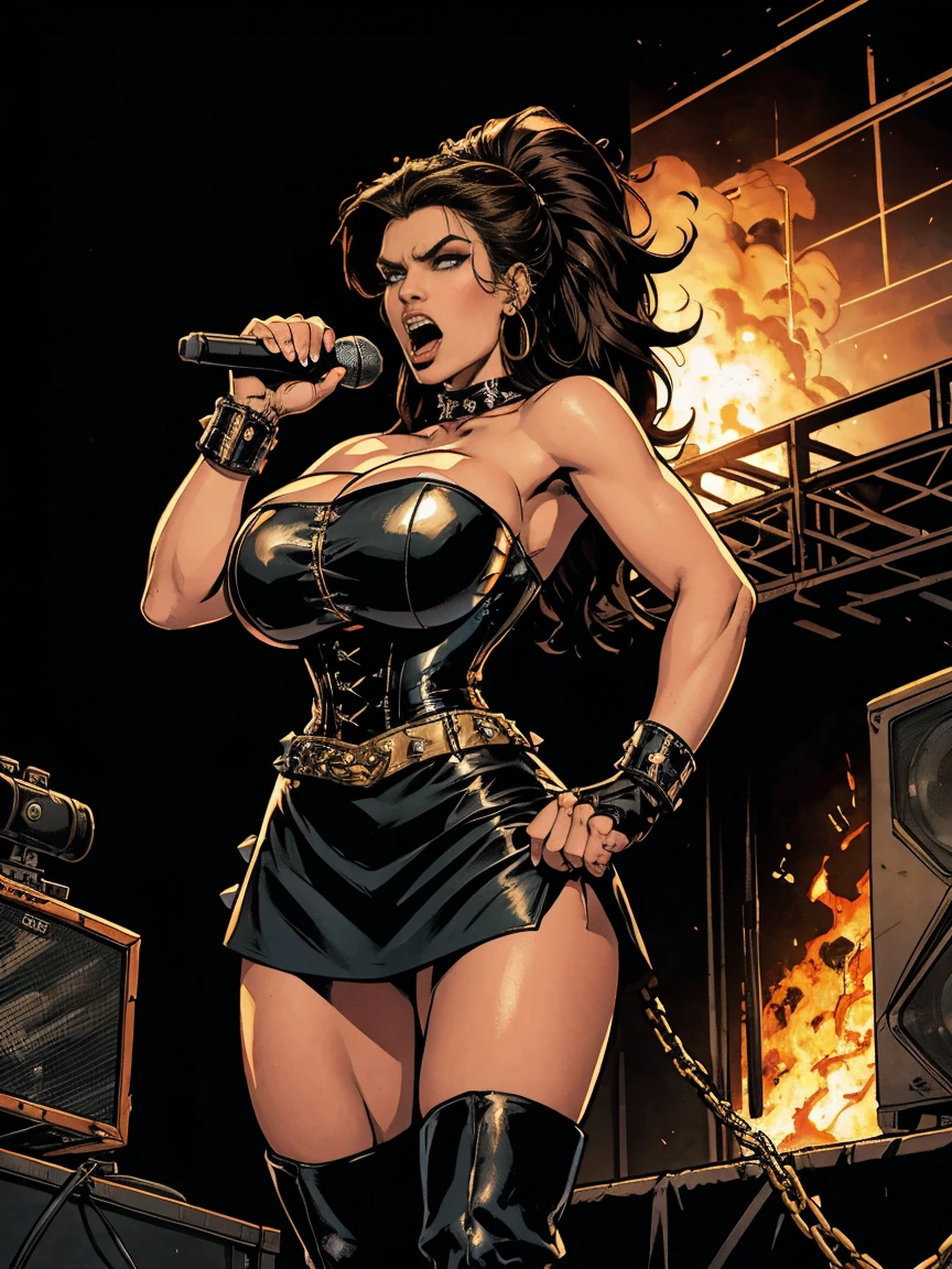 Extremely busty thin and toned brunette death metal singer, college girl, fair skin, big hair, hair pulled back, soft face, athletic, heavy makeup, piercings, black leather, studs, strapless sleeveless corset, boots, fingerless gloves, tight skirt, chains. standing on a stage, pyrotechnics, holding a microphone, metal concert. (microphone, fist in the sky), angry, rage, screaming. Heavy metal. Death metal. Explosions, fire.