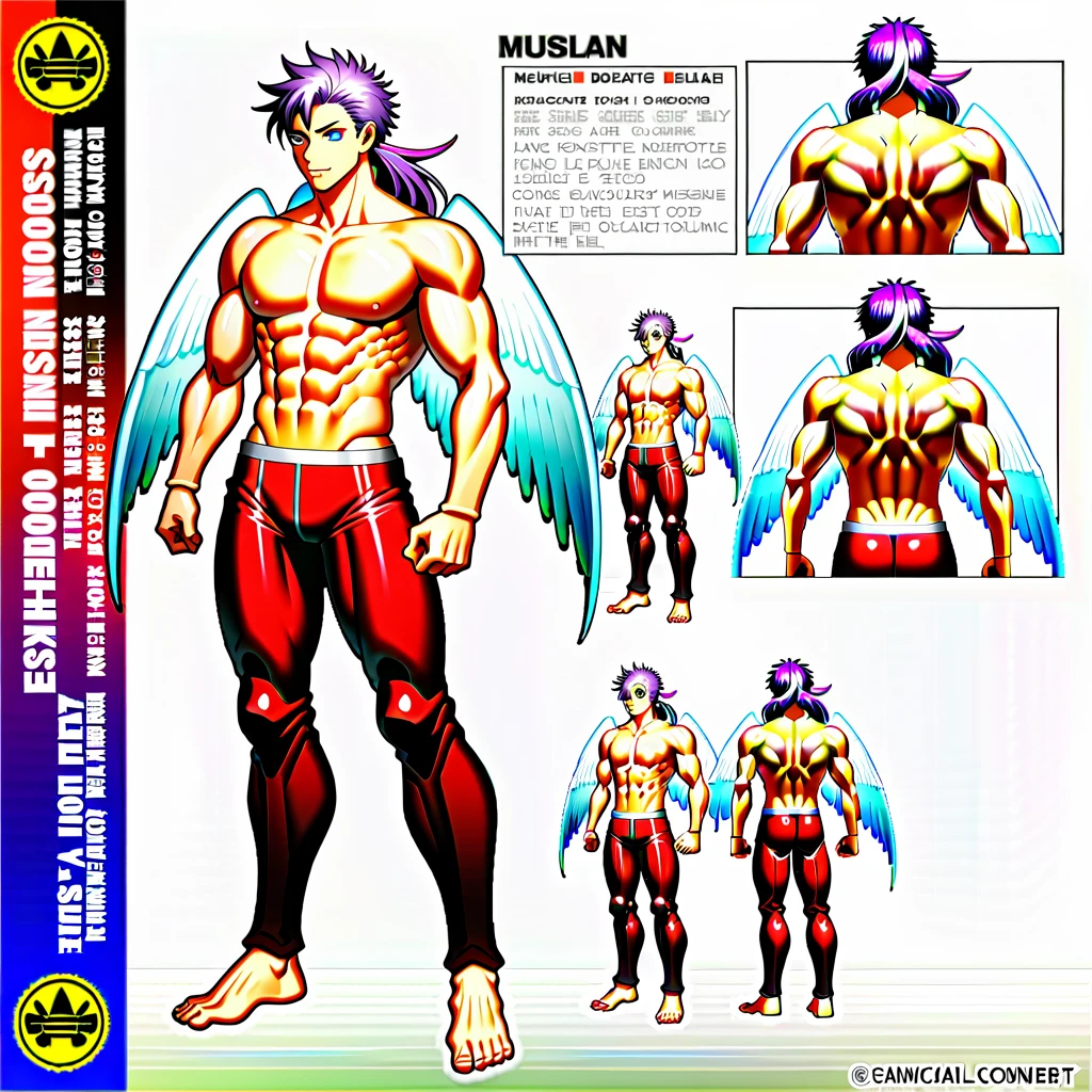 (Masterpiece, best quality), detailed, 1 man, ((character concept art)), ((character design sheet, same character, front, side, back)), full body, body complete, 1 Male, 1 Man, Detailed face, character design sheet，full bodyesbian, Highly detailed, character sheet, character design, Many parts, dark skin, angel wings, long ponytail purple hair, angel outfit, muscle male god,  masculine, muscle man, male muscle, manly, male angel, Muscle male with purple ponytail long hair，beautiful man, abs, pectoral muscle