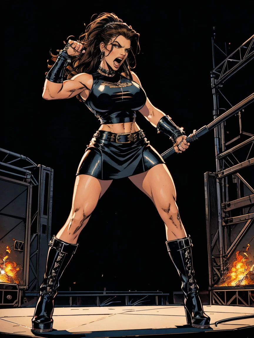 Extremely busty thin and toned brunette death metal singer, college girl, fair skin, big hair, hair pulled back, soft face, athletic, heavy makeup, piercings, black leather, studs, tight black top, boots, fingerless gloves, tight skirt, chains. standing on a stage, pyrotechnics, holding a microphone, metal concert. (microphone, fist in the sky), angry, rage, screaming. Heavy metal. Death metal. Explosions, fire.