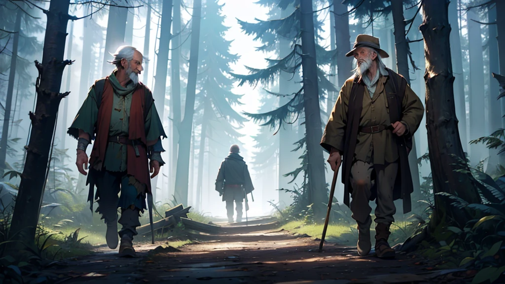 Old man in tattered clothes walking through a mystical forest. He's got a prosthetic right arm made of brass. He's got a long walking stick