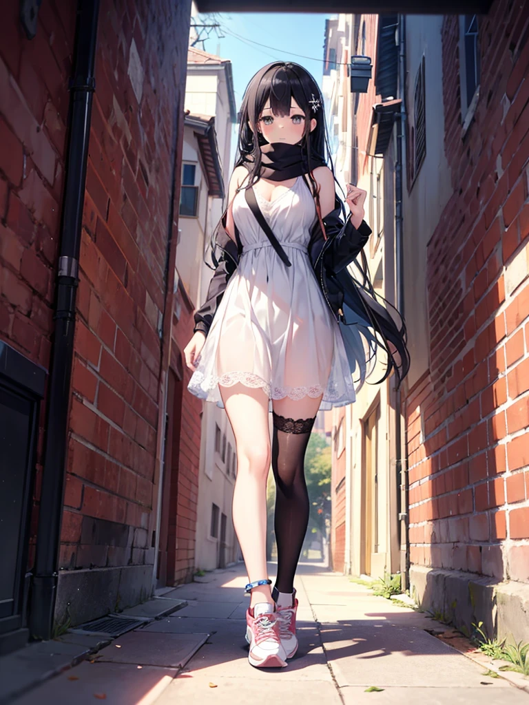 1girl,,legwear,,anklet,black hair,straight_hair,hime cut,long hair,sneakers,huge filesize,scarf,lace,halter_dress,