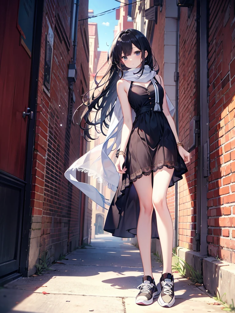 1girl,,legwear,,anklet,black hair,straight_hair,hime cut,long hair,sneakers,huge filesize,scarf，lace，halter_dress,