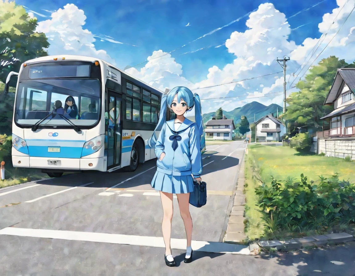 Light blue long hair、Two beautiful girls with twin tails、Sailor suit、Bright smile、Full Body View、Rural Scenery、Rural landscape、Waiting for the bus at the bus stop in front of the old house、I can see the bus、White clouds in blue sky、Face Highlights