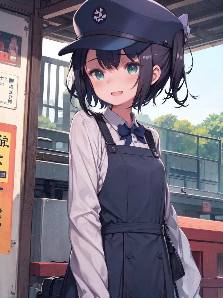 One Girl、女性station員、Blue uniform cap、High back style hat、Blue Uniform、Black hair bow、Railway daughter、Green Eyes、laughing、station、Upper Body、Kuroshio Shirara、