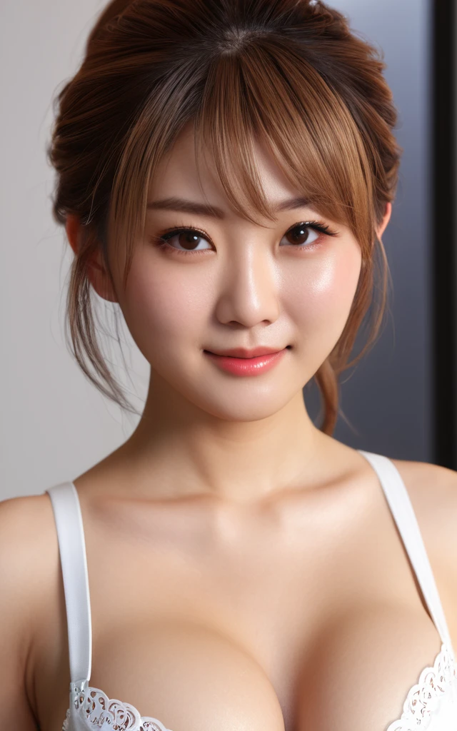 (masterpiece:1.3), (8K, Photorealistic, Raw photo, Highest image quality: 1.4), Japanese schoolgirls、(Random hairstyles:1.2)、super detailed face、Eye of detail、Double eyelid、Put your breasts together、sharp focus:1.2、Beautiful woman:1.4、Light brown hair、top quality、masterpiece、Super high resolution、(Photorealistic:1.4)、Highly detailed and professional smile lighting, red bra、serious expression、