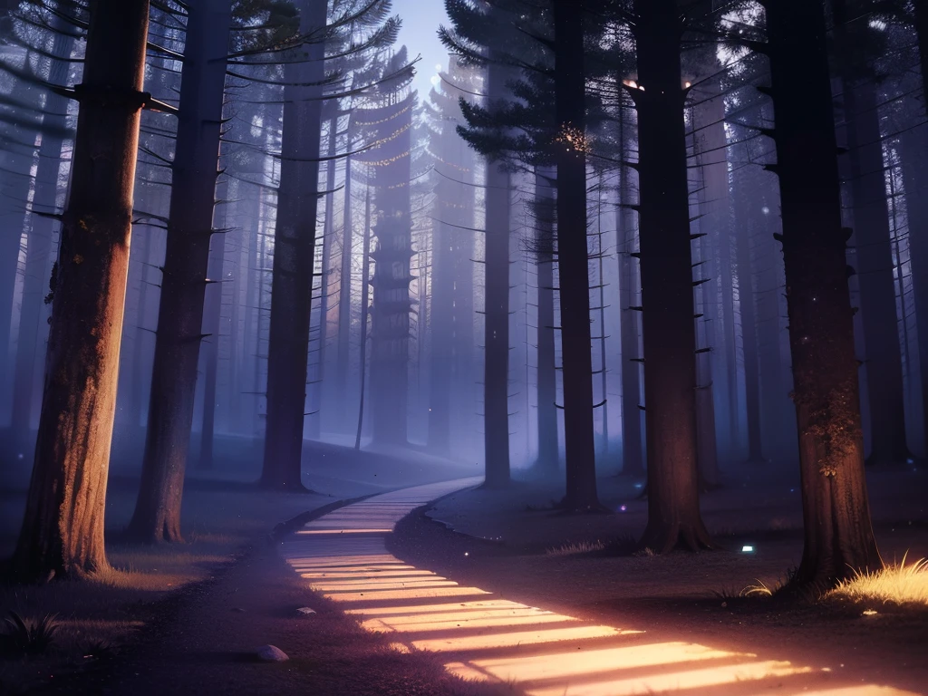 (masterpiece, best quality, illustration, no humans), forest, stone monuments, statue, fauna, purple background, nighttime, night, shadow