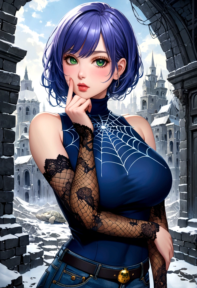 (best quality, high resolution: 1.2), 1 girl, beautiful eye details, beautiful lip details, very detailed eyes and face, long eyelashes, medium: painting c, bright colors, HDR, studio lighting, Very smooth painting, sharp focus , based on physical rendering, extreme detailed description, portrait, green eyes,  body, , perfect shape, facing the viewer, sweating, beautiful, right hand to the back of the head, left hand fingers pointing to the lips, purplish blue hair at the back, blue frozen spider web shaped left turtleneck sleeve and sleeveless right sleeve, black and gold turtle neck, frozen ruins city background,jeans