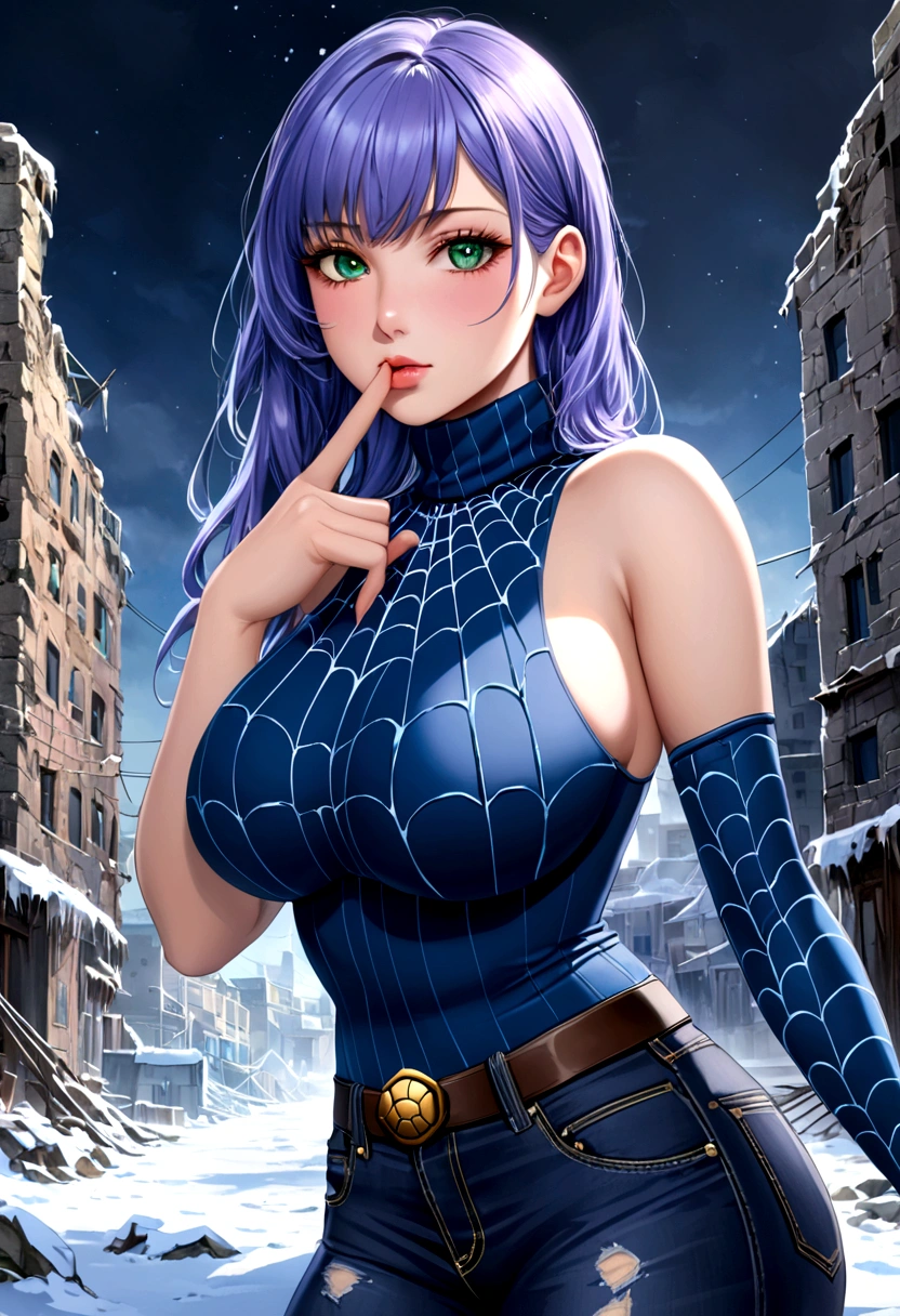 (best quality, high resolution: 1.2), 1 girl, beautiful eye details, beautiful lip details, very detailed eyes and face, long eyelashes, medium: painting c, bright colors, HDR, studio lighting, Very smooth painting, sharp focus , based on physical rendering, extreme detailed description, portrait, green eyes, curvy body, big breasts, perfect shape, facing the viewer, sweating, beautiful, right hand to the back of the head, left hand fingers pointing to the lips, purplish blue hair at the back, blue frozen spider web shaped left turtleneck sleeve and sleeveless right sleeve, black and gold turtle neck, frozen ruins city background,jeans